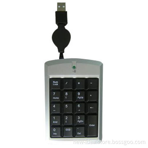 Wired Numerical Keyboard with Retractable Wire, Black Color with Silver Outlines